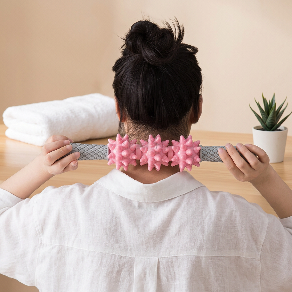 Rodillo de masaje cervical con puntas en ambiente spa